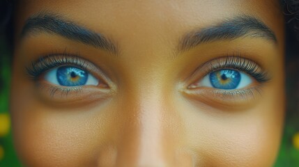 Fototapeta premium A person with striking blue eyes gazes directly ahead, surrounded by a green background filled with natural light and subtle floral elements, emphasizing their unique features