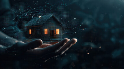 cozy futuristic house glowing softly in person hand, symbolizing innovation and warmth