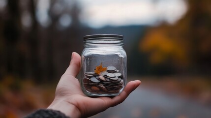 Hand holding glass jar filled with coins and a leaf.
