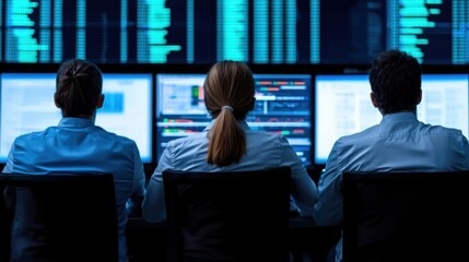 Market Prediction concept. Diverse team of analysts reviewing digital data and analytics on large screens