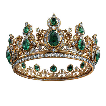 luxurious golden crown adorned with emerald gemstones and diamonds, showcasing intricate details and elegance