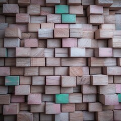 Fototapeta premium Textured Wooden Blocks Wall 3D Render Abstract Background Timber Tiles