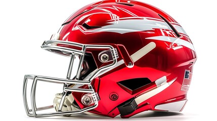  red football helmet with silver accents against a white background.