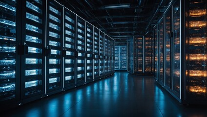 A futuristic information storage facility with rows of illuminated server racks, representing a cryptocurrency farm