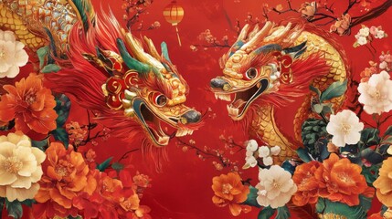 Fototapeta premium Two majestic dragons amidst vibrant flowers