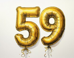 Obraz premium Gold birthday / anniversary party balloon, number 59, watercolor painting with white background