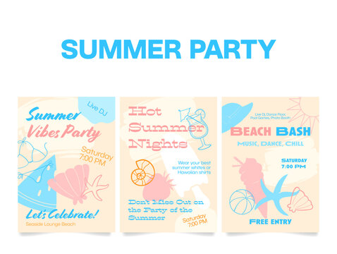 Banners promoting summer party events featuring music and fun activities at a beachside venue