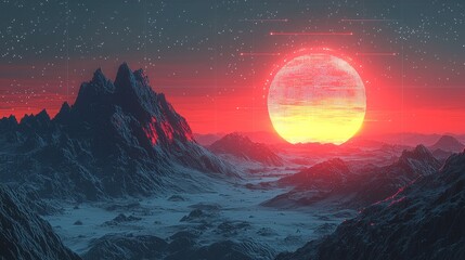 A stunning digital artwork of a surreal alien landscape featuring a colossal red sun setting over jagged mountains