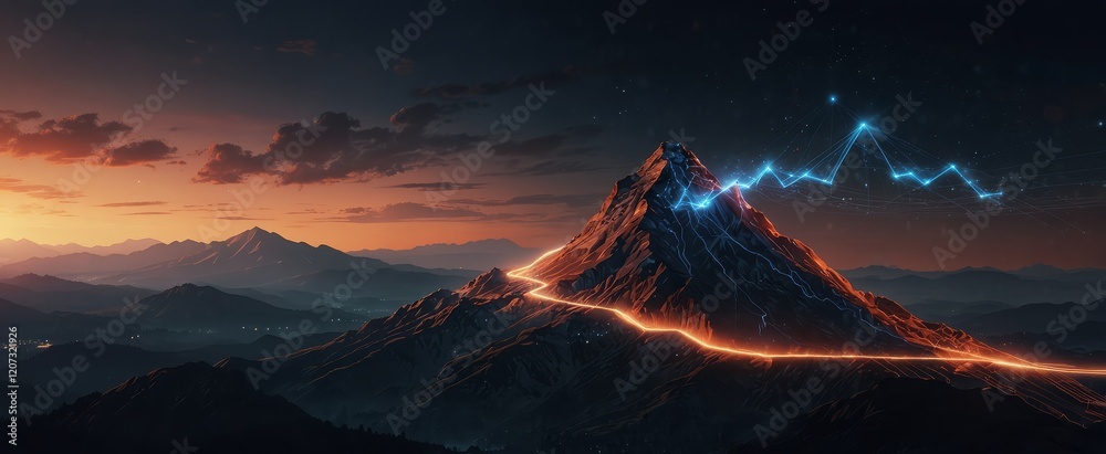 Wall mural a futuristic vector design of a mountain with a glowing path and a wireframe flag, illustrating the 