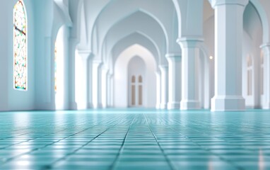 Blurred background of the interior, a modern mosque with arched windows and a blue-green tiled floor. Blurry background of an empty room in white color with blurry walls and arches. 