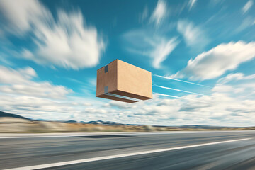 Fast parcel delivery service with a cardboard box with wings delivered to the destination. speed, dynamics, and distance concept, 