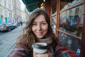 A woman with a scarf and a hat is smiling and holding a coffee cup. Concept of warmth and comfort, as the woman is enjoying her coffee on a cold day.