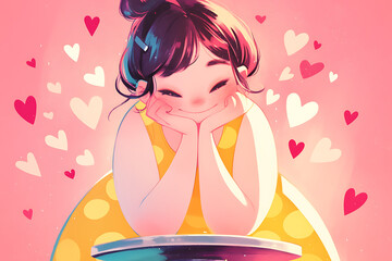 A cheerful girl in a yellow polka dot dress gazes lovingly at a pot, surrounded by floating hearts