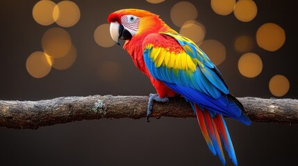 Obraz premium Scarlet Macaw on Branch, Vibrant Plumage, Bokeh Background