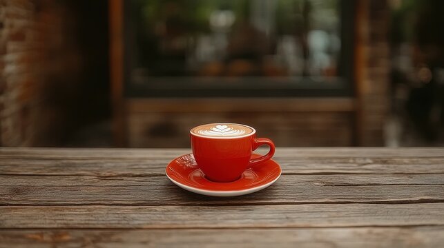 A bright red cup of coffee rests on a saucer on a weathered wooden table. The background features a cafe with soft lighting, creating an inviting ambiance for visitors
