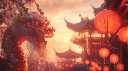 Majestic Dragon at Sunset with Asian Temple and Lanterns