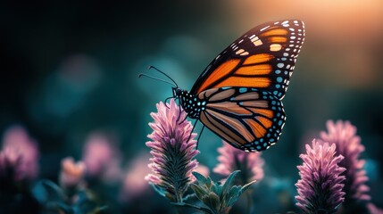Fototapeta premium Monarch Butterfly on Lavender Bloom in a Mystical Garden