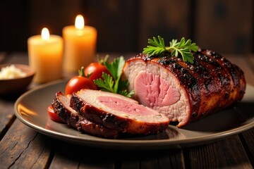 Roasted pork loin with ribs served on a wooden table with candles, wood, warm, rib