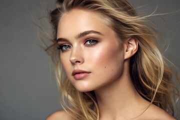 Portrait of a sexy model with and natural makeup. Perfect beauty girl face. Natural beauty. Beautiful young woman with clean fresh skin. Face care, Facial treatment, cosmetology, beauty and spa.
