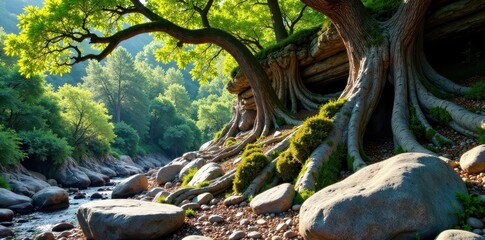 Rocky outcropping with epiphytes on ancient tree trunks, landscape, rugged, rocks