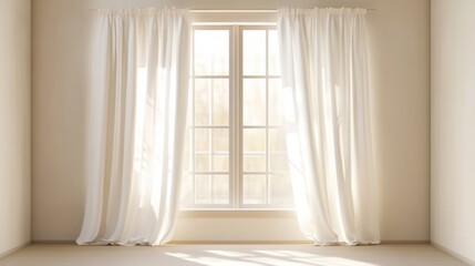 Fototapeta premium A pair of clean, white curtains hanging neatly on a window, with sunlight streaming through, casting a warm and inviting glow in the room.