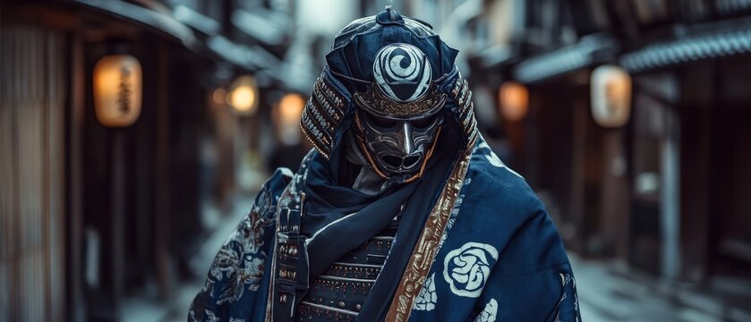 Samurai warrior in traditional armor walking through historic Japanese street, showcasing cultural heritage and martial arts spirit in serene urban setting.