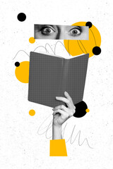 Vertical art banner collage of astonished female eyes hand hold book bookworm hobby reader planner...