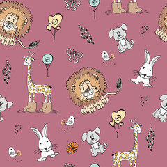 seamless pattern. funny animals, animals, flowers, hearts, giraffe, bear, lion, hedgehog. cartoon characters.