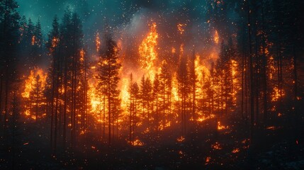 Dramatic wildfire engulfing dense forest at night with vibrant flames illuminating the darkened surroundings