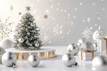A white Christmas tree with gold ornaments and a white box with a gold ribbon on top.