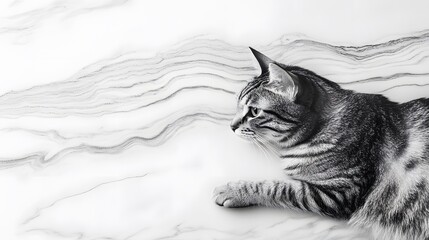 Elegant Tabby Cat Resting on Marble Surface