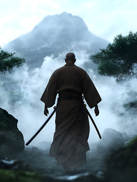 A Japanese warrior monk wielding a naginata, his robes flowing as he stands in a misty mountain temple.