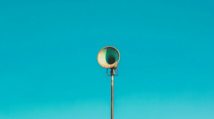 Rusted vintage speaker against a vibrant blue sky.