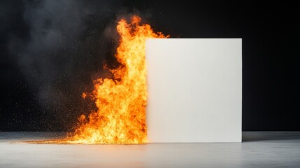 Fototapeta premium Abstract Representation of Fire Erupting from One Side of a Blank Square Panel in a Dark Studio Environment, Symbolizing Destruction and Creation