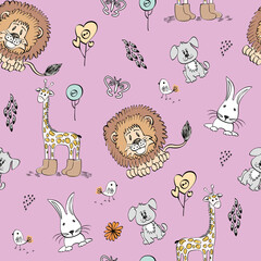 seamless pattern. funny animals, animals, flowers, hearts, giraffe, bear, lion, hedgehog. cartoon characters.