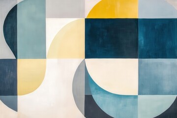Colorful geometric abstract painting with circular and square shapes, perfect for modern interior design, artwork showcases contemporary aesthetics and creativity.