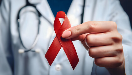 Close up Hand of female doctor hold Red ribbon for aids world day support