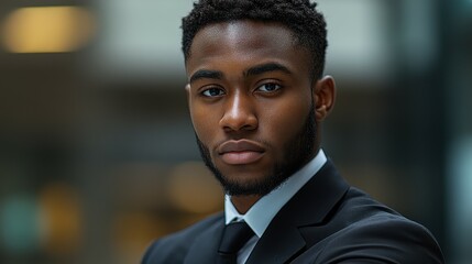 Fototapeta premium A young man dressed in a tailored suit stands confidently in a modern urban environment. His focused expression reflects professionalism and determination, ideal for business