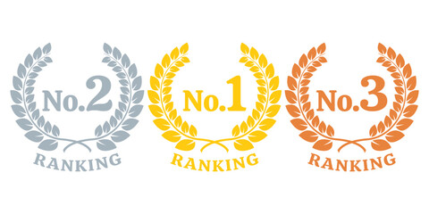 Ranking set with with laurel wreath. No. 1, No. 2. No. 3 rank icon. First, second and third place emblem. Best choice labels. Vector illustration.