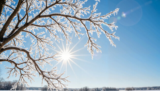 Frozen tree branches with icicles glistening in sunlight on a clear winter morning in open field