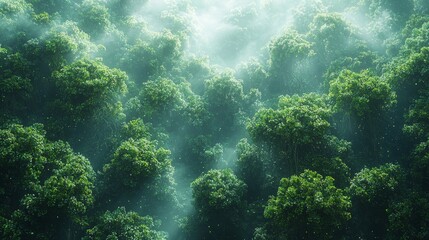 Naklejka premium Mysterious forest illuminated by soft light and mist showcasing the serenity of nature's vibrant foliage