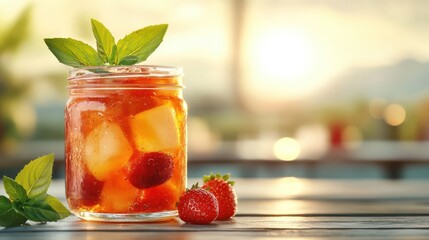 A vibrant image of a fruit-filled drink in a jar garnished with mint leaves, evoking a refreshing, summery, and cheerful atmosphere perfect for social occasions and gatherings.