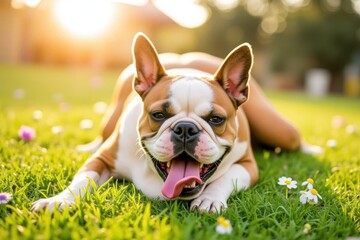 Fototapeta premium A playful bulldog rolls on the grass, enjoying the warm sun on a bright day. Surrounding flowers and trees add a colorful backdrop to this joyful scene