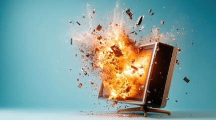 A dramatic image of an exploding television emits flames and shards, capturing the chaos and energy of destruction while evoking strong emotions related to technology and loss.