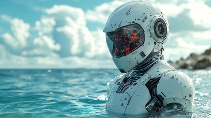 A futuristic humanoid robot emerging from tranquil water under a cloudy sky, blending technology and nature harmoniously