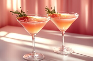 A summer cold cocktail with ice cubes, juice, and grapefruit slices set against a pastel pink backdrop