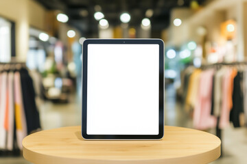 Empty blank white tablet screen standing on the table in fashion store for mock-up