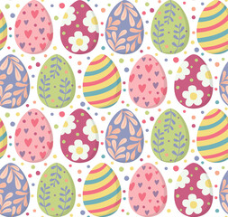 Seamless background with colorful painted Easter eggs. Bright dotted pattern with festive elements