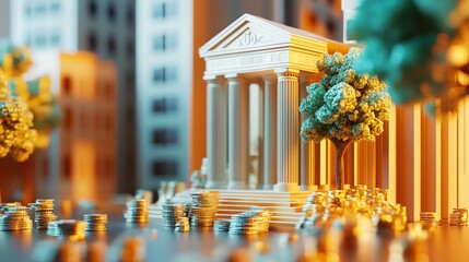 Stunning Miniature Bank With Golden Coins and Modern Buildings Highlighting Financial Prosperity During Sunset