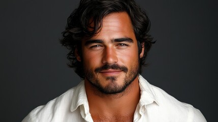 Obraz premium A man with thick, wavy hair and a well-groomed beard showcases a warm smile. He wears a light-colored shirt, standing against a dark backdrop that emphasizes his features